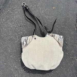 Francesco Biasia Linen Baguette Bag Snakeskin Trim Y2K Shoulder‎ Purse
